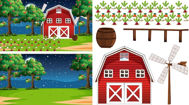 Free vector farm element set isolated with farm scence