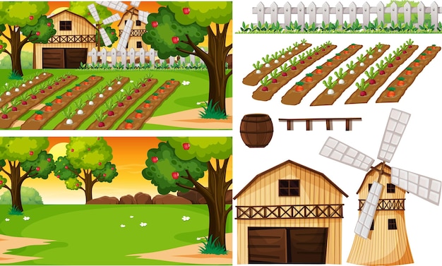 Бесплатное векторное изображение Набор элементов фермы, изолированные с фермой