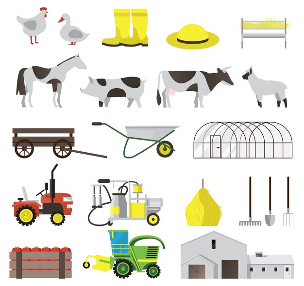 Farm flat icons set with livestock and agricultural tools isolated