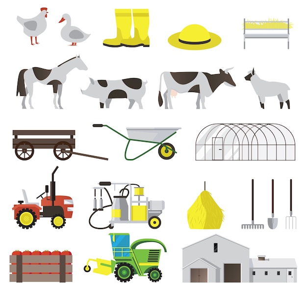 分離された家畜と農業ツールで設定されたファームフラットアイコン