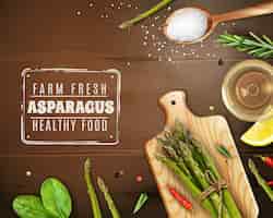 Free vector farm fresh asparagus with cutting board, basil and chili pepper