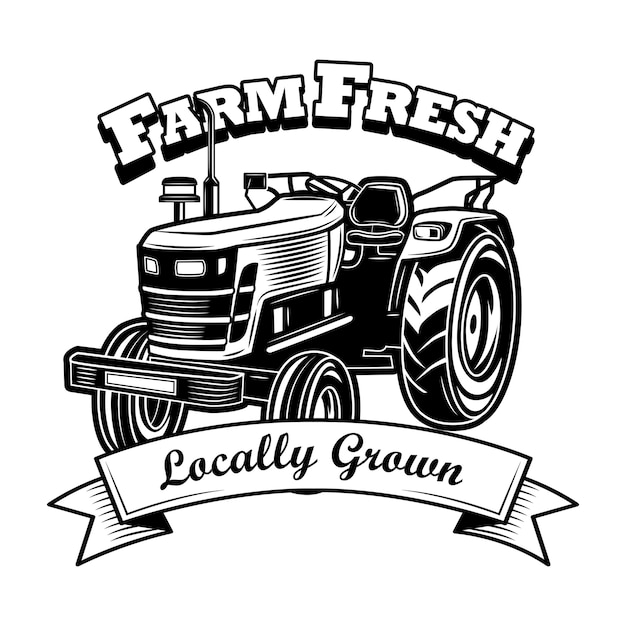 ファームの新鮮なシンボルベクトルイラスト。農家のトラクター、リボン、地元で栽培されたテキスト。エンブレム、スタンプ、ラベルテンプレートの農業または農学の概念