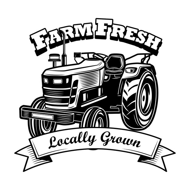 Farm fresh symbol vector illustration. Farmers tractor, ribbon, locally grown text. Agriculture or agronomy concept for emblems, stamps, labels templates