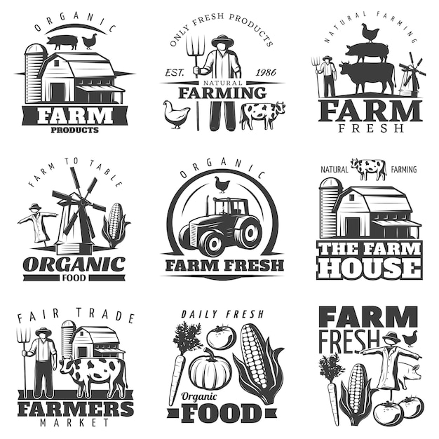 Free vector farm house emblems set