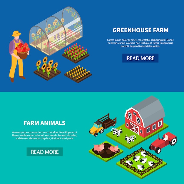 Free vector farm isometric banners set