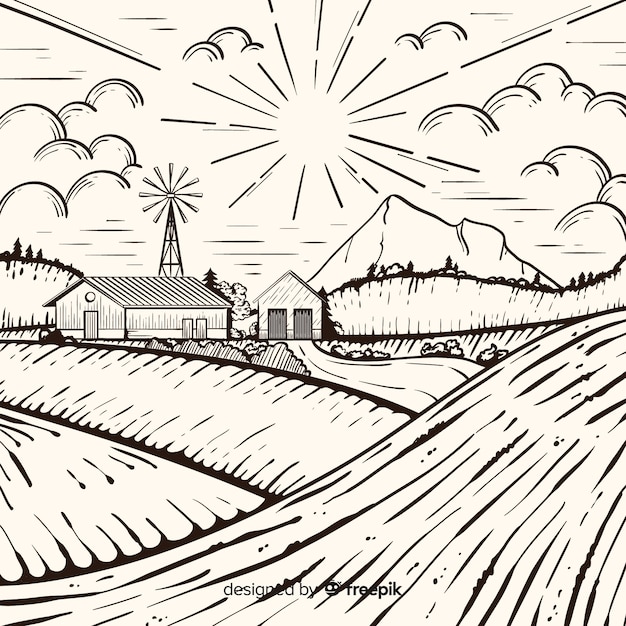 Free vector farm landscape in hand drawn style