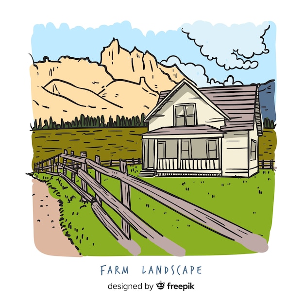 Free vector farm landscape in hand drawn style