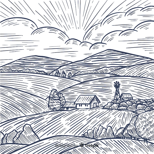 Free vector farm landscape in hand drawn style