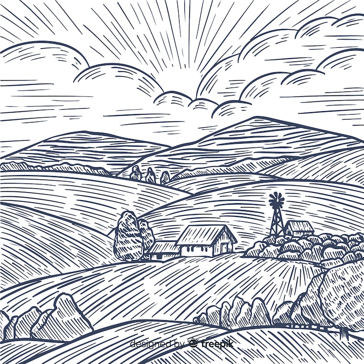 Free Vector farm landscape in hand drawn style