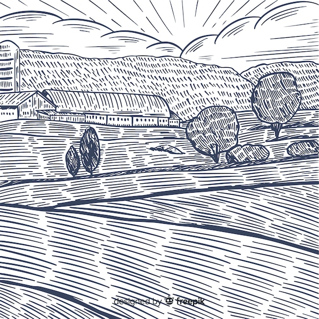 Farm landscape in hand drawn style