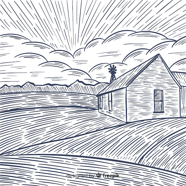 Бесплатное векторное изображение Ферма пейзаж в стиле рисованной
