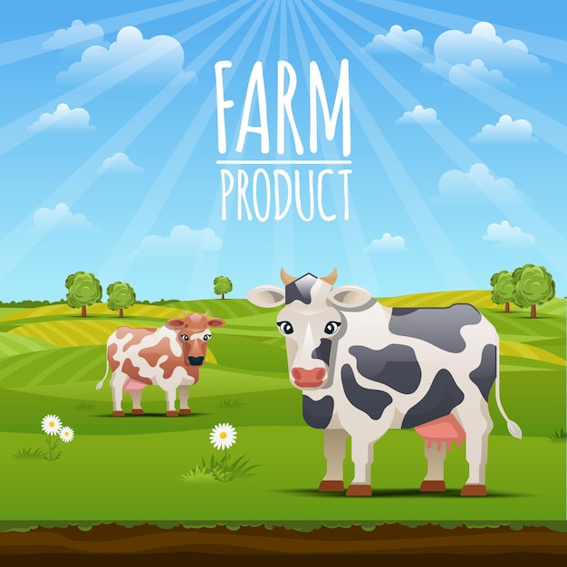 Бесплатное векторное изображение Пейзаж фермы с коровами. корова на луговой траве и пасутся коровы