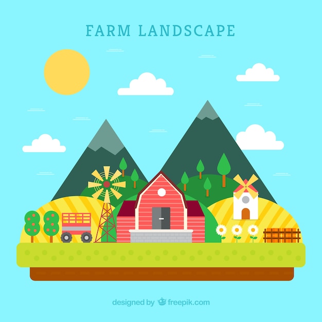 Farm landscape with mountains in flat design