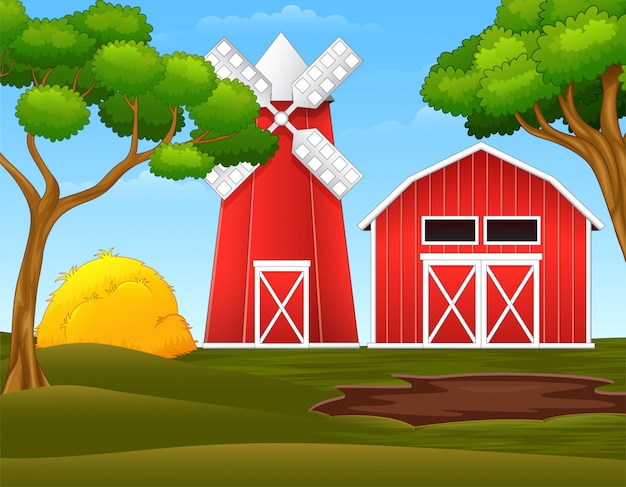 赤​の​小屋​と​風車​の​農場​風景