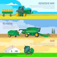 Бесплатное векторное изображение Набор горизонтальных баннеров сельскохозяйственных машин