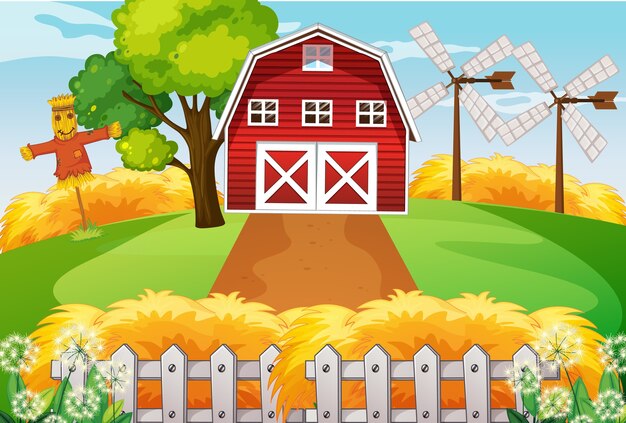 Farm in nature scene with barn and windmill and scarecrow