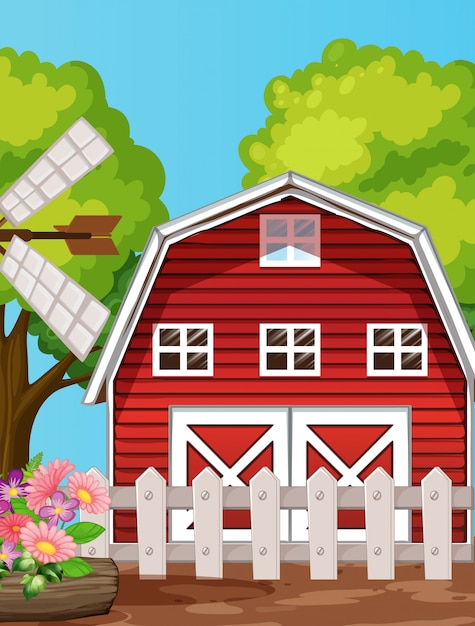 Free vector farm in nature scene with barn and windmill