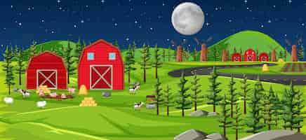 Free vector farm nature with barns landscape at night scene