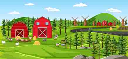 Free vector farm nature with barns landscape scene