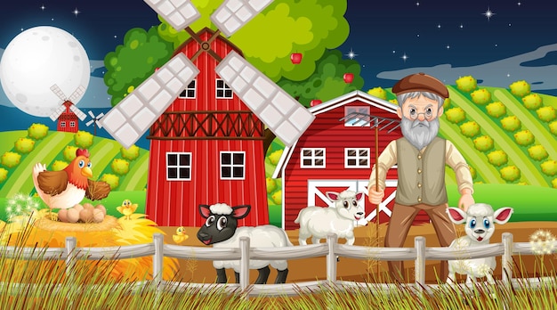 늙은 농부 남자와 농장 동물들과 함께 밤 장면에서 농장