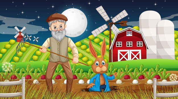 Free vector farm at night scene with old farmer man and a rabbit