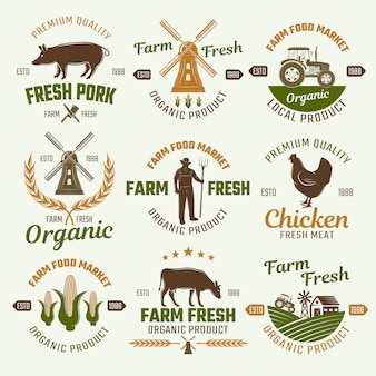 Farm products retro style emblems Premium Vector