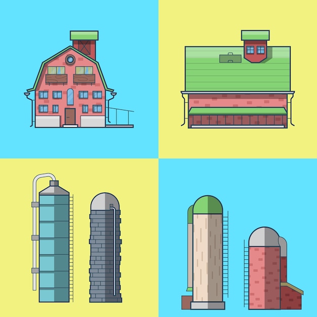 Free vector farm rancho barn store house warehouse granary hangar water tower architecture building set.