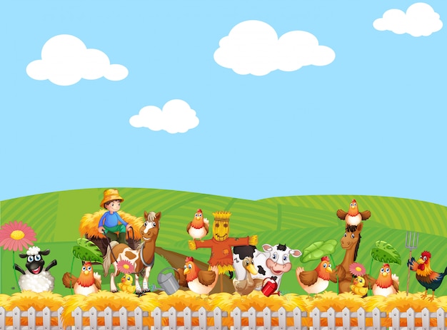 Farm scene and blank sky with animal farm cartoon style