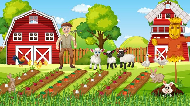 Сцена на ферме в дневное время со старым фермером и милыми животными