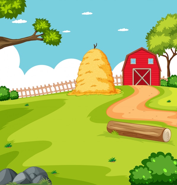 Бесплатное векторное изображение Сцена фермы на природе с сараем и соломой