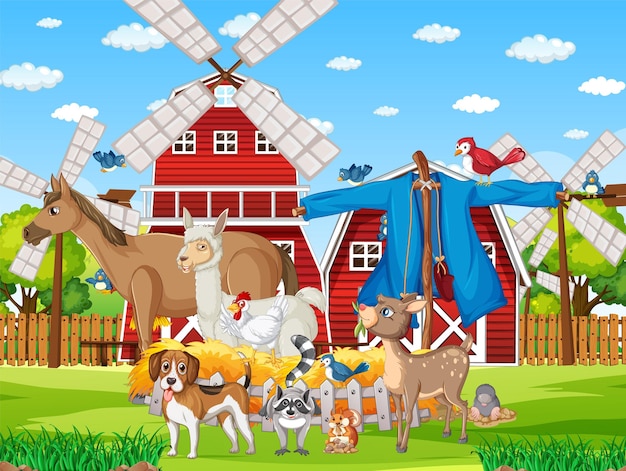 Free vector farm scene many animals by the barn