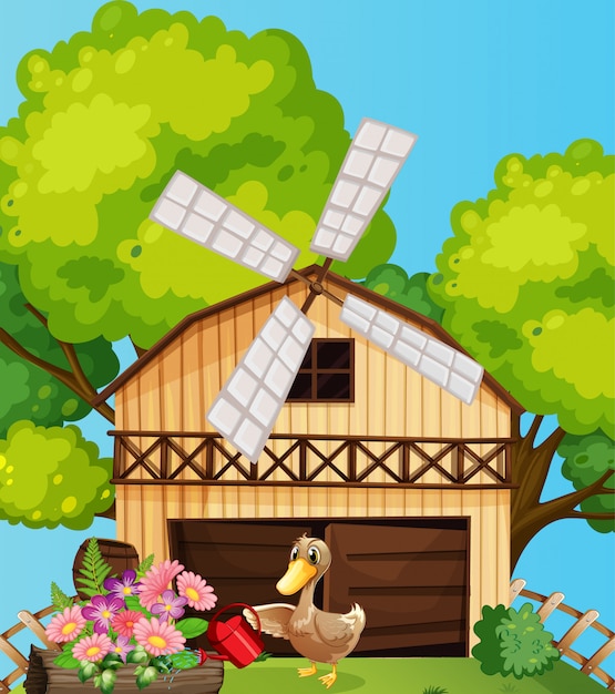 Farm scene in nature with barn and duck watering flowers