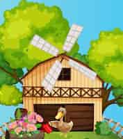 Free vector farm scene in nature with barn and duck watering flowers