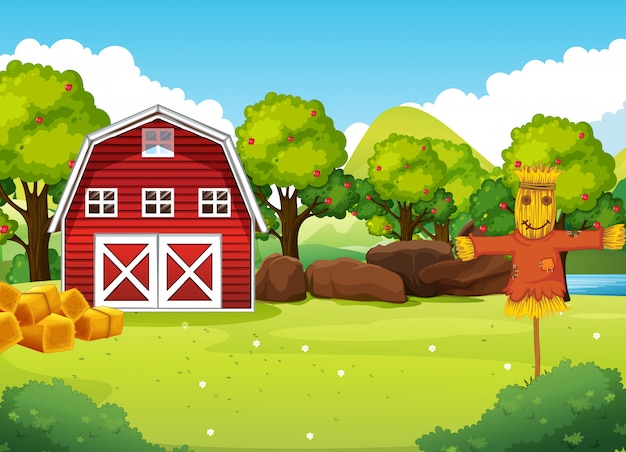 Free vector farm scene in nature with barn and scarecrow