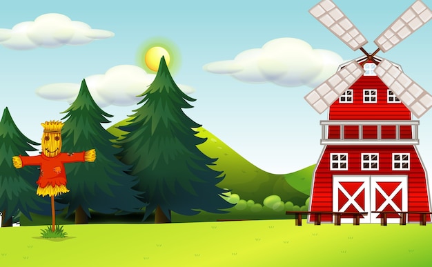 Free vector farm scene in nature with barn and scarecrow