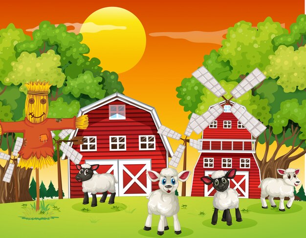 Farm scene in nature with barn and windmill and sheeps