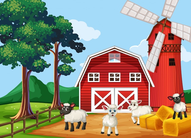 Farm scene in nature with barn and windmill and sheeps