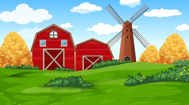 Free vector farm scene in nature with barn