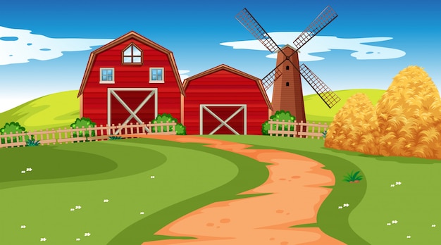 Free vector farm scene in nature with barn