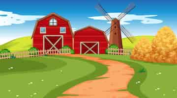 Free vector farm scene in nature with barn