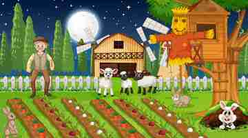 Free vector farm scene at night with old farmer man and cute animals