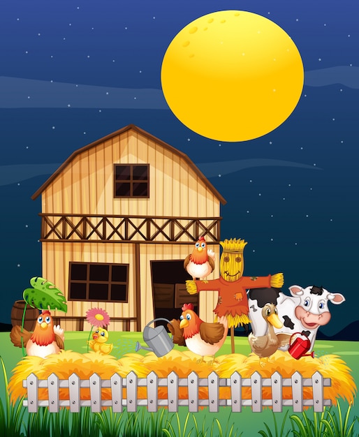 Бесплатное векторное изображение Ферма сцена с животноводческой фермы в ночном мультяшном стиле