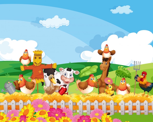 Vettore gratuito scena dell'azienda agricola con stile del fumetto della fattoria degli animali