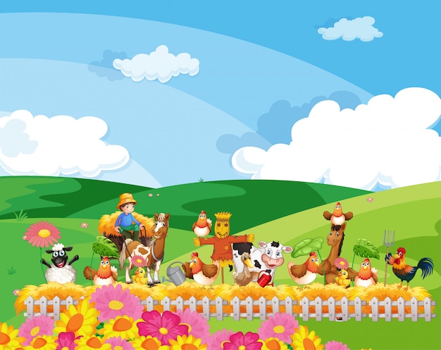 Farm scene with animal farm cartoon style