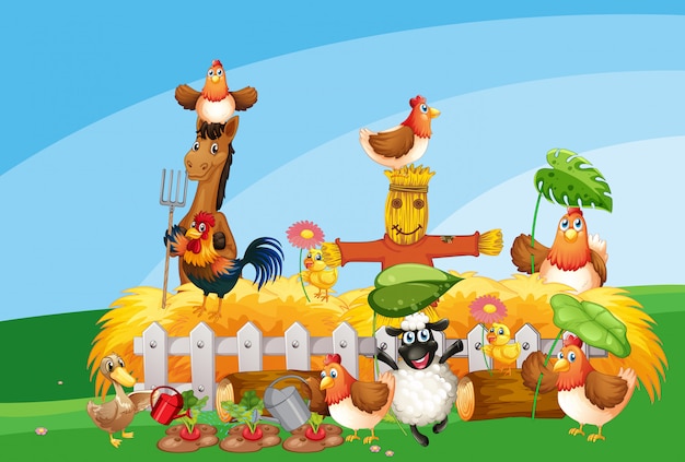 Free vector farm scene with animal farm cartoon style