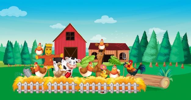 Free vector farm scene with animal farm cartoon style