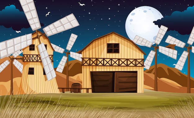 Free vector farm scene with barn and mill at night