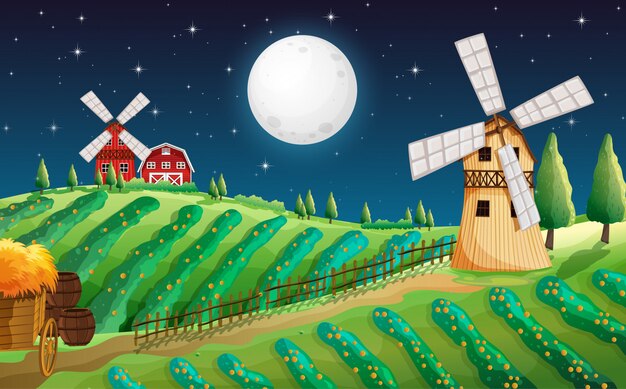 Farm scene with barn and mill at night