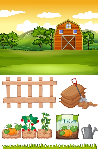 Free vector farm scene with barn and other farming items on the farm