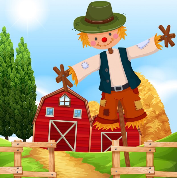 Free Vector farm scene with barn and scarecrow